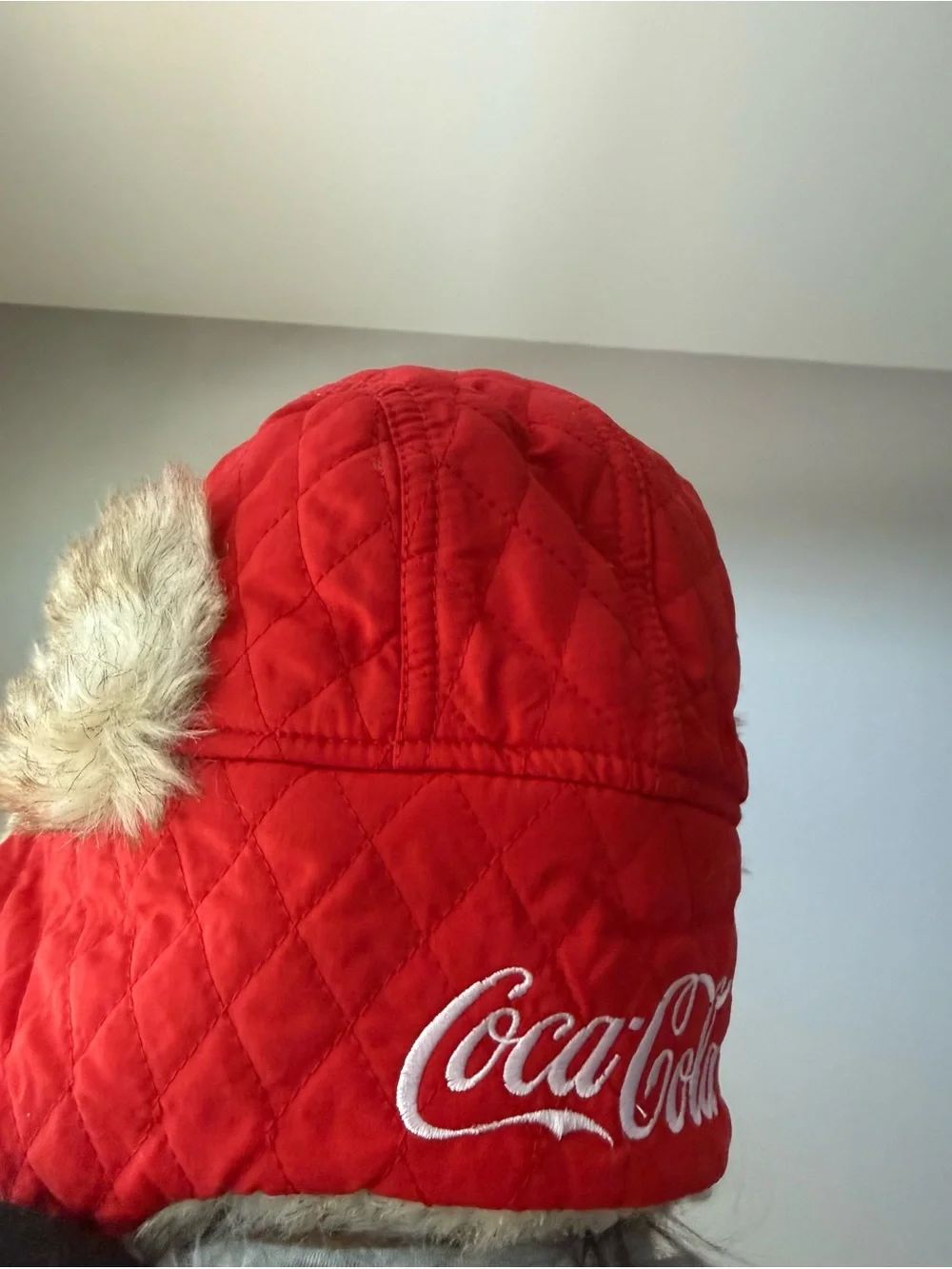Coca Cola Bright Red Quilted Trapper Hat with Faux Fur Trim